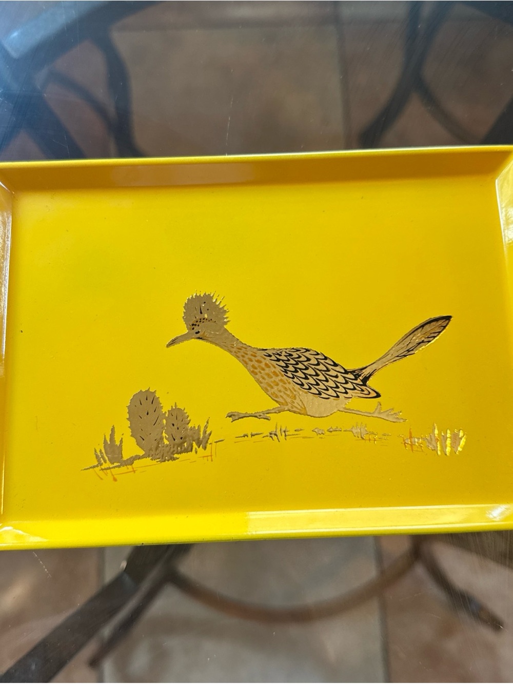 Otagiri mustard & gold MCM hand painted VTG roadrunner cactus small tray